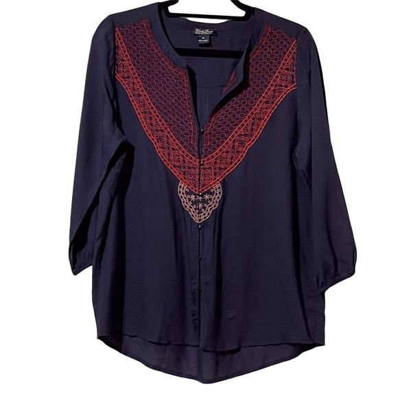 Lucky Brand Womens Navy Blouse With Red Embroidery M - Picture 1 of 5